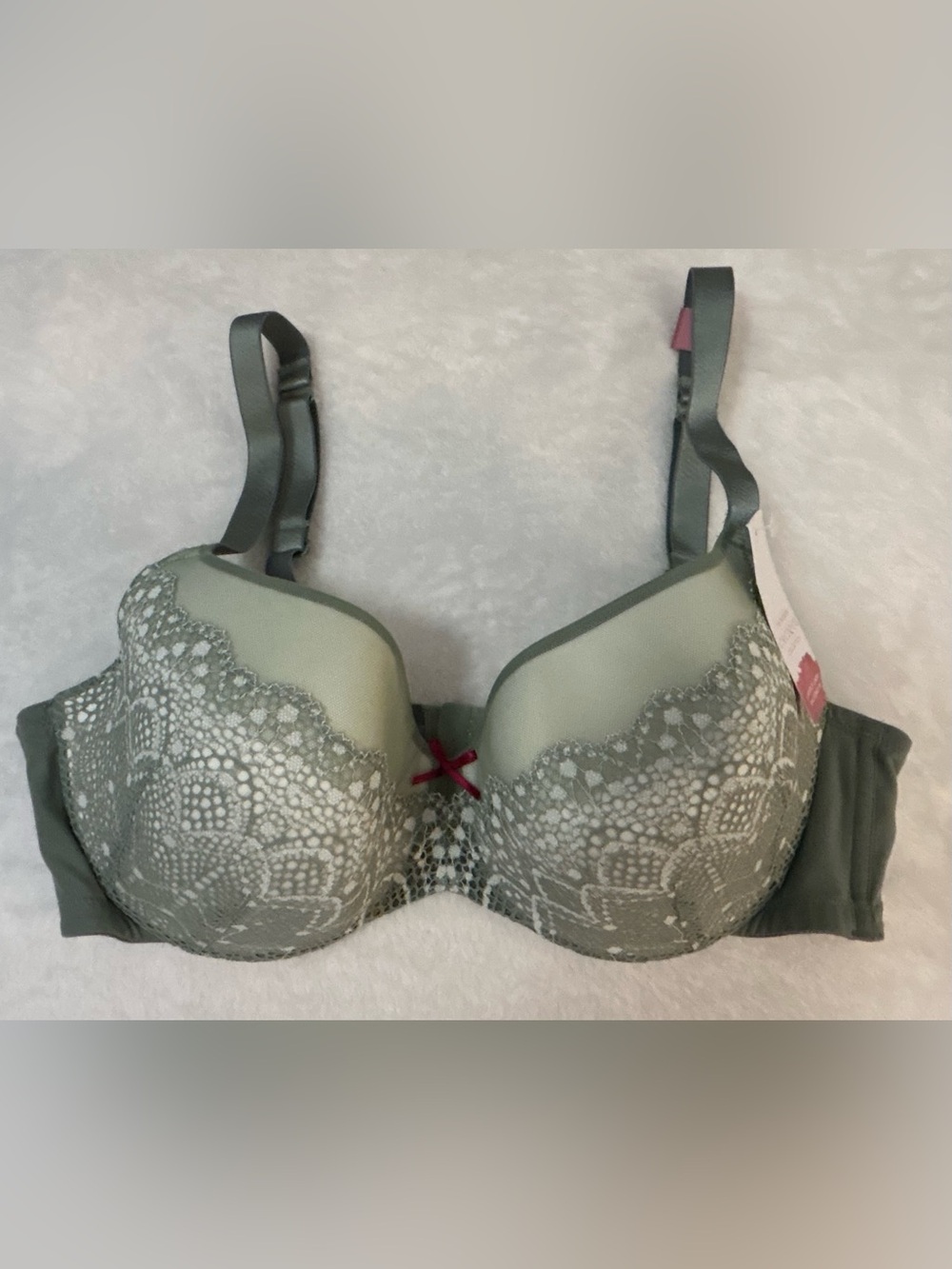 Cacique Olive Lace Underwire Bra with Raspberry Bow